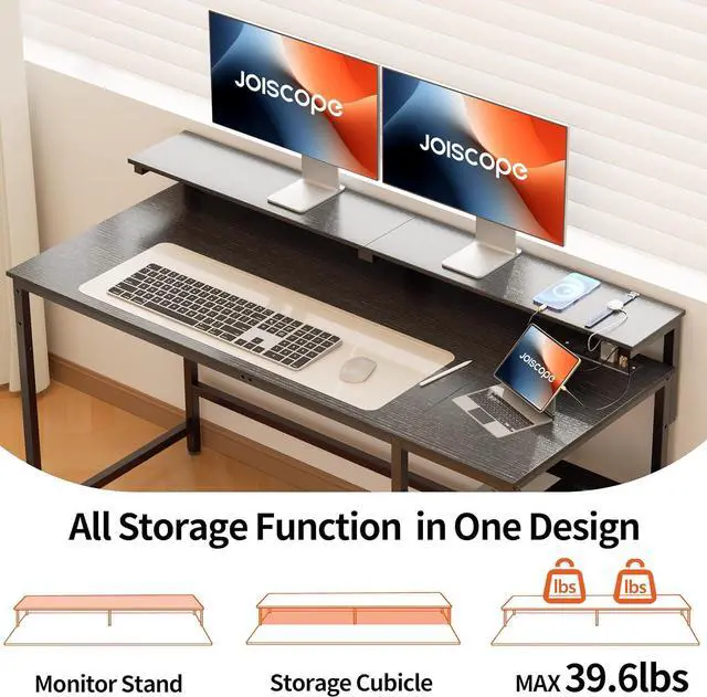 Alt view image 4 of 7 - JOISCOPE Home Office Desk with Power Outlets (3AC, USB, Type-C), 60 × 20 Inch Computer Desk with Reversible Shelves, Laptop Table with Display Riser, Gaming Study Drafting Table for Bedroom, Black