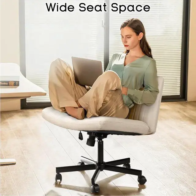 Alt view image 3 of 7 - PUKAMI Criss Cross Chair with Wheels,Fabric Padded Armless Cross Legged Office Desk Chair for Home Office,Modern Swivel Height Adjustable Wide Seat(Beige)