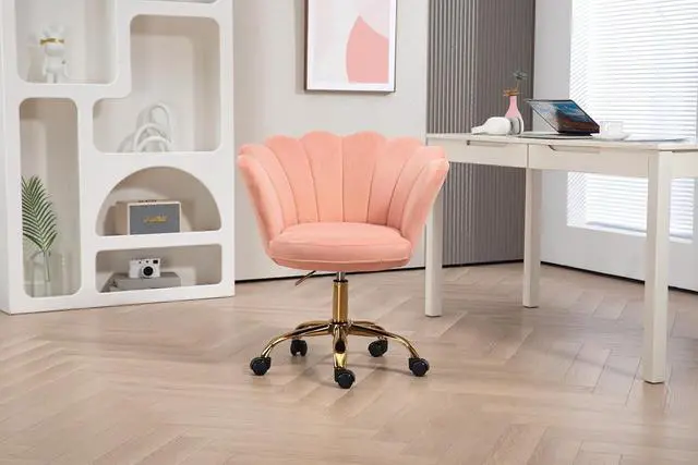 Alt view image 2 of 7 - ZOBIDO Comfy Home Office Task Chair with Wheels, Cute Modern Upholstered Velvet Seashell Back Adjustable Swivel Vanity Desk Chair, for Women, for Girls, Living Room(Light Pink)