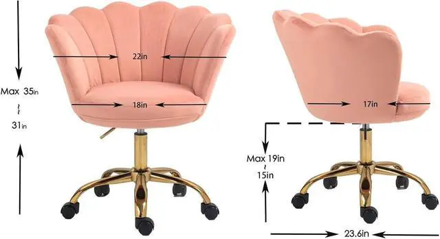 Alt view image 3 of 7 - ZOBIDO Comfy Home Office Task Chair with Wheels, Cute Modern Upholstered Velvet Seashell Back Adjustable Swivel Vanity Desk Chair, for Women, for Girls, Living Room(Light Pink)