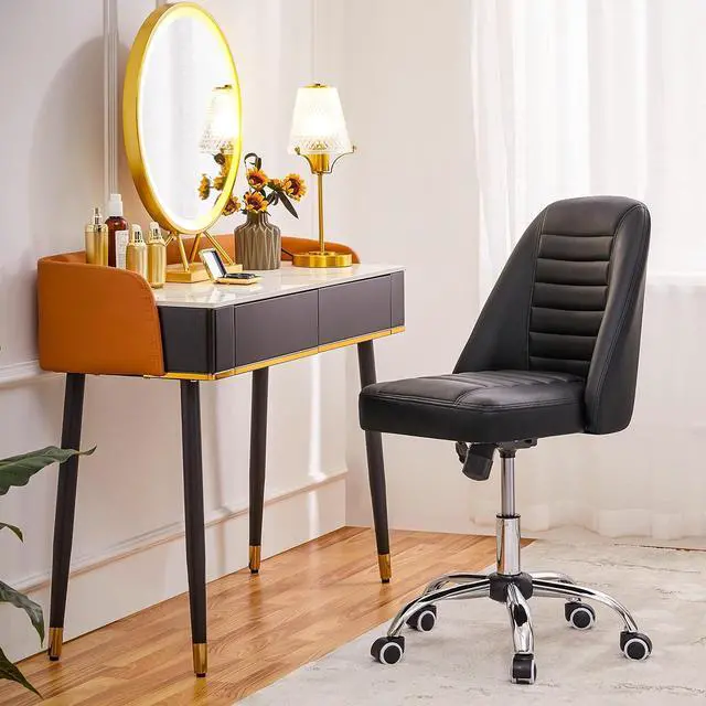 Alt view image 2 of 7 - Yaheetech Mid Back PU Leather Armless Desk Office Chair, Modern Vanity Chair with Rolling Wheels, Metal Base Black