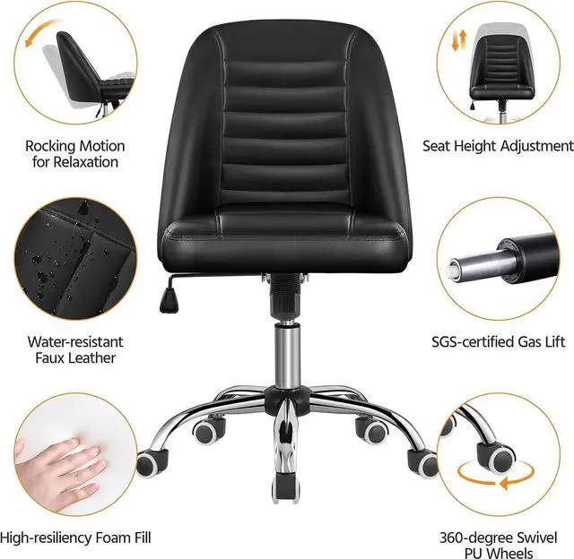 Alt view image 4 of 7 - Yaheetech PU Leather Armless Office Chair, Mid Back Desk Chair,Computer Task Chair, Modern Vanity Chair with Rolling Wheels, Metal Base Black