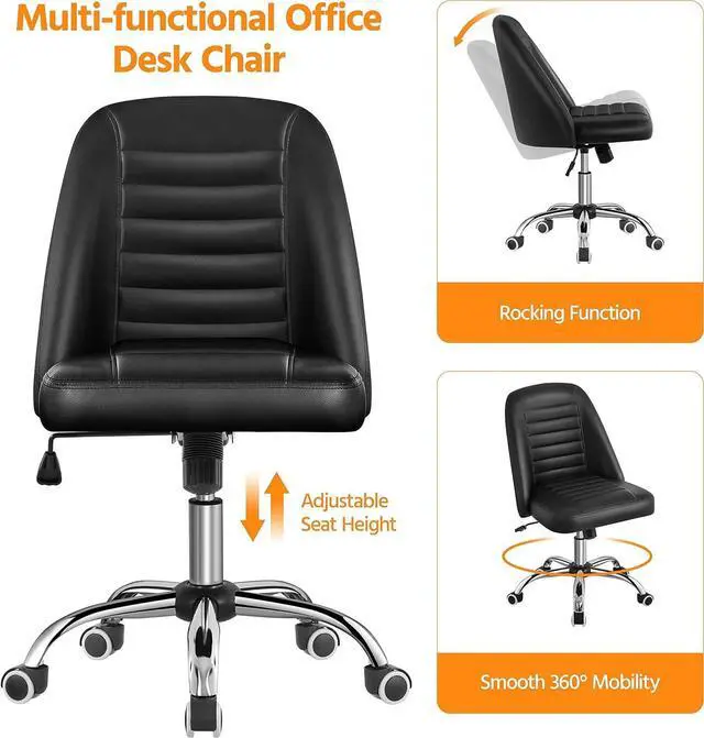 Alt view image 4 of 7 - Yaheetech Mid Back PU Leather Armless Desk Office Chair, Modern Vanity Chair with Rolling Wheels, Metal Base Black