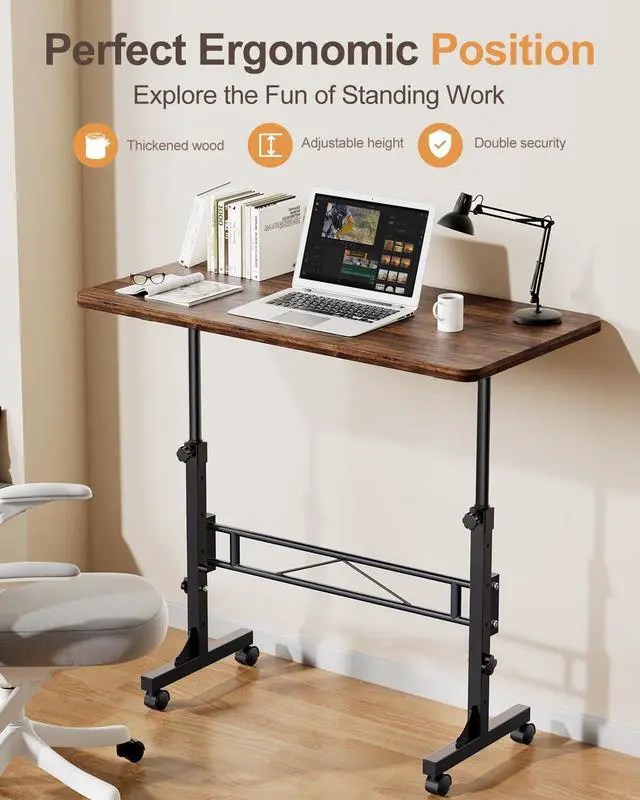Alt view image 2 of 7 - Small Standing Desk Adjustable Height, Mobile Stand Up with Wheels, 32 Inch Portable Rolling Desks for Walking Pad Treadmill Rusitc by DT