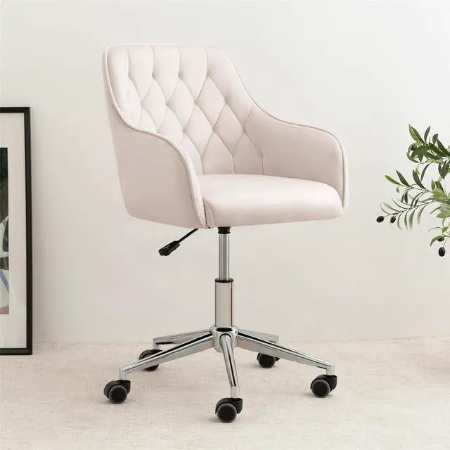 Main image of VANSPACE Velvet Office Chair Vanity Chair for Makeup with Wheels and Back Home Office Chair Adjustable Rolling Swivel Chair for Bedroom Vanity Room Beige