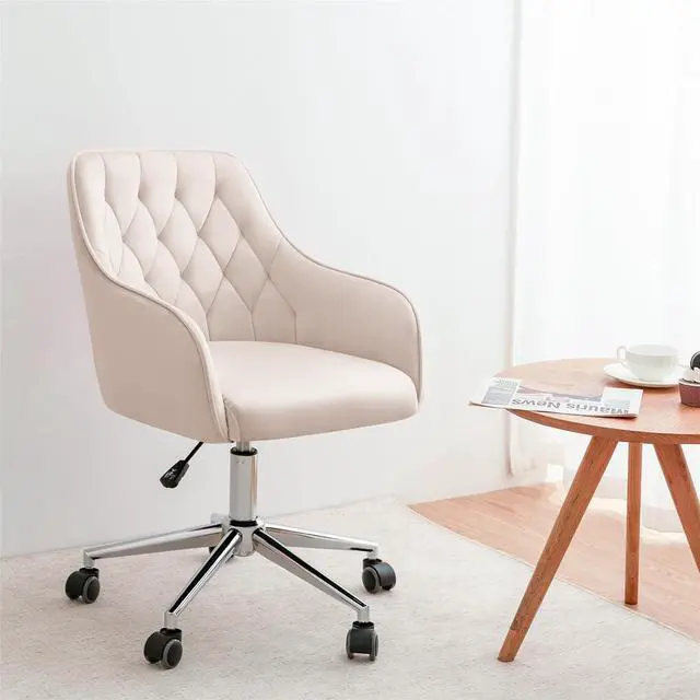 Alt view image 6 of 6 - VANSPACE Velvet Office Chair Vanity Chair for Makeup with Wheels and Back Home Office Chair Adjustable Rolling Swivel Chair for Bedroom Vanity Room Beige