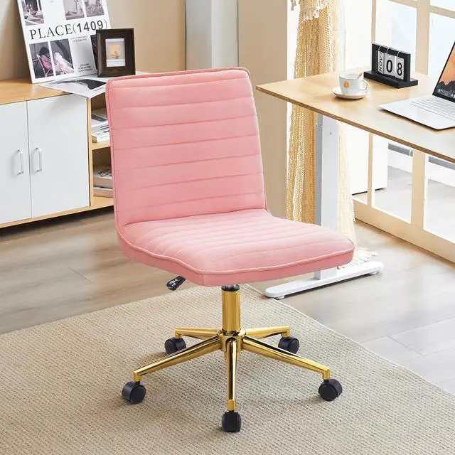 Alt view image 3 of 7 - Furnimart Pink Swivel Armless Desk Chair with Wheels, Small Velvet Upholstered Home Office Desk Chair Mid-Back Adjustable Chair for Teen Girl Vanity Desk Bedroom Dorm Living Room (Velvet-Pink)