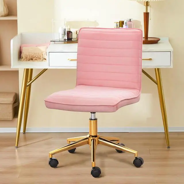 Alt view image 4 of 7 - Furnimart Pink Swivel Armless Desk Chair with Wheels, Small Velvet Upholstered Home Office Desk Chair Mid-Back Adjustable Chair for Teen Girl Vanity Desk Bedroom Dorm Living Room (Velvet-Pink)
