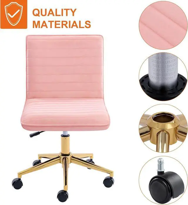 Alt view image 7 of 7 - Furnimart Pink Swivel Armless Desk Chair with Wheels, Small Velvet Upholstered Home Office Desk Chair Mid-Back Adjustable Chair for Teen Girl Vanity Desk Bedroom Dorm Living Room (Velvet-Pink)
