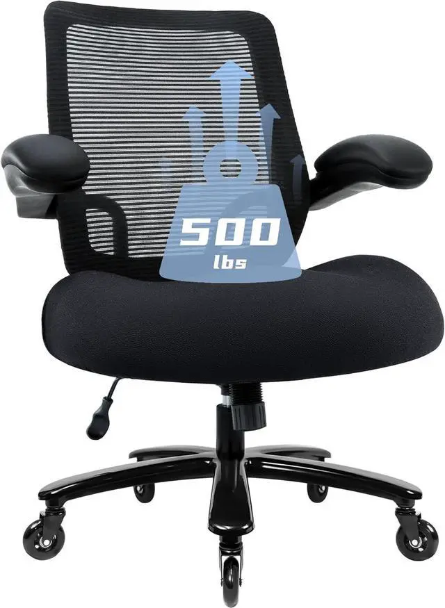 Main image of 500lbs Big and Tall Office Chair - Heavy Duty Mesh Ergonomic Desk Chair, High Back Computer Chair - Flip-up Armrests, Wide Thick Seat Cushion, Quiet Wheels