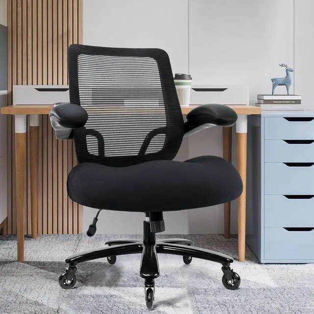 Alt view image 2 of 7 - 500lbs Big and Tall Office Chair - Heavy Duty Mesh Ergonomic Desk Chair, High Back Computer Chair - Flip-up Armrests, Wide Thick Seat Cushion, Quiet Wheels