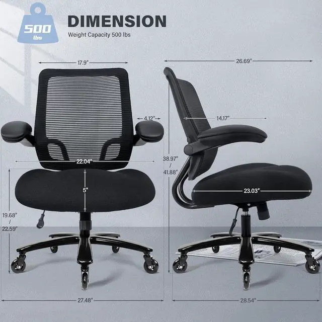 Alt view image 3 of 7 - 500lbs Big and Tall Office Chair - Heavy Duty Mesh Ergonomic Desk Chair, High Back Computer Chair - Flip-up Armrests, Wide Thick Seat Cushion, Quiet Wheels