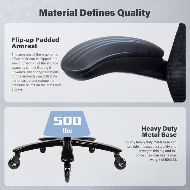 Alt view image 4 of 7 - 500lbs Big and Tall Office Chair - Heavy Duty Mesh Ergonomic Desk Chair, High Back Computer Chair - Flip-up Armrests, Wide Thick Seat Cushion, Quiet Wheels