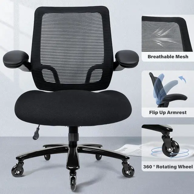 Alt view image 6 of 7 - 500lbs Big and Tall Office Chair - Heavy Duty Mesh Ergonomic Desk Chair, High Back Computer Chair - Flip-up Armrests, Wide Thick Seat Cushion, Quiet Wheels