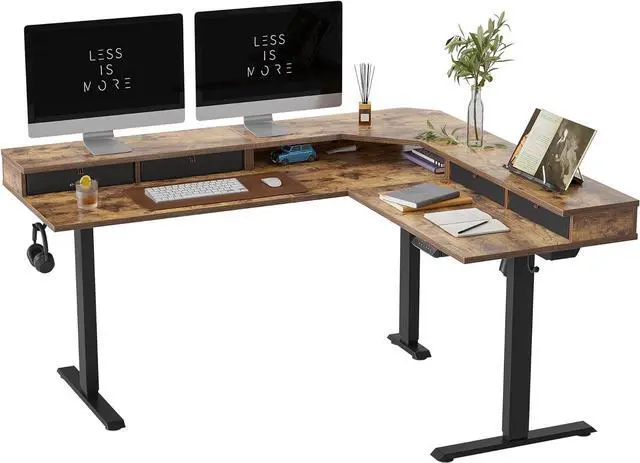 Main image of FEZIBO 63" L Shaped Standing Desk with Drawers, Electric Adjustable Height Standing Gaming Desk L Shape, Black Frame/Rustic Brown Top