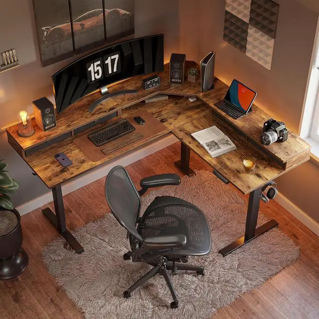 Alt view image 2 of 7 - FEZIBO 63" L Shaped Standing Desk with Drawers, Electric Adjustable Height Standing Gaming Desk L Shape, Black Frame/Rustic Brown Top