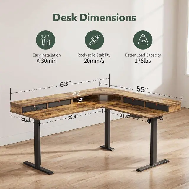Alt view image 3 of 7 - FEZIBO 63" L Shaped Standing Desk with Drawers, Electric Adjustable Height Standing Gaming Desk L Shape, Black Frame/Rustic Brown Top