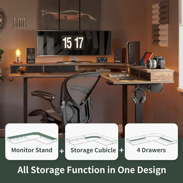 Alt view image 4 of 7 - FEZIBO 63" L Shaped Standing Desk with Drawers, Electric Adjustable Height Standing Gaming Desk L Shape, Black Frame/Rustic Brown Top