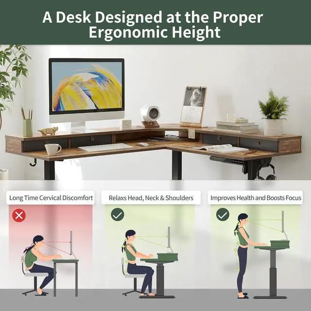 Alt view image 5 of 7 - FEZIBO 63" L Shaped Standing Desk with Drawers, Electric Adjustable Height Standing Gaming Desk L Shape, Black Frame/Rustic Brown Top
