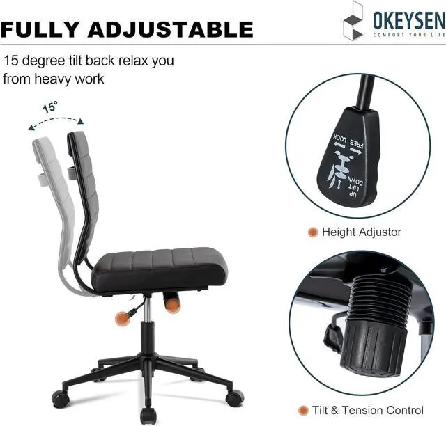 Alt view image 6 of 7 - Okeysen Office Desk Chair No Arms, Mid Back Ergonomic Swivel Black Armless Conference Room Chairs, Adjustable Height PU Leather Home Desk Chair, Modern Small Rolling Computer Task Chair
