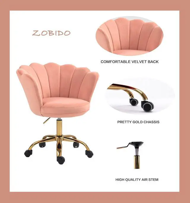 Alt view image 4 of 7 - ZOBIDO Comfy Home Office Task Chair with Wheels, Cute Modern Upholstered Velvet Seashell Back Adjustable Swivel Vanity Desk Chair, for Women, for Girls, Living Room(Light Pink)