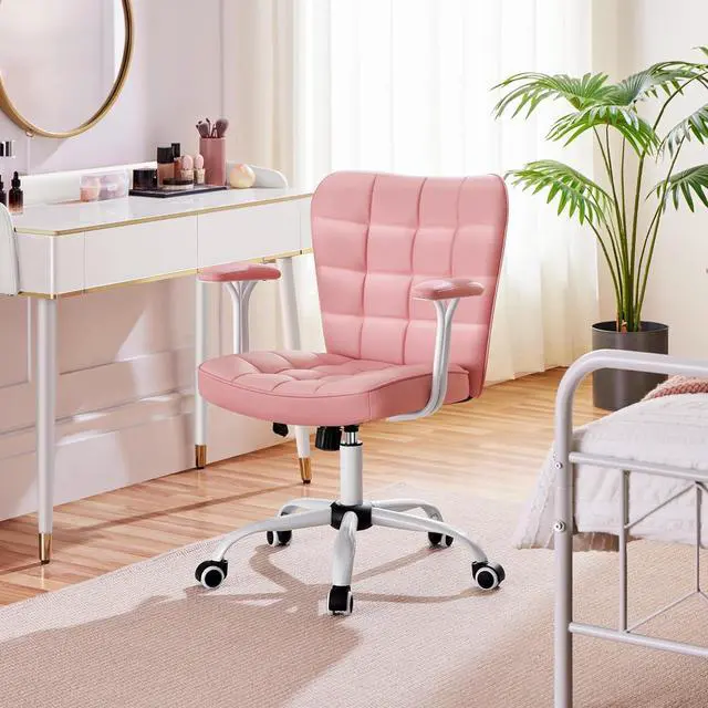Alt view image 2 of 7 - Yaheetech Mid Back Faux Leather Office Chair Adjustable Tilting Vanity Chair Modern Upholstered Desk Chair Task Chair with Detachable Padded Armrests for Home/Office,Pink