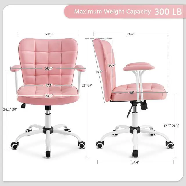 Alt view image 3 of 7 - Yaheetech Mid Back Faux Leather Office Chair Adjustable Tilting Vanity Chair Modern Upholstered Desk Chair Task Chair with Detachable Padded Armrests for Home/Office,Pink