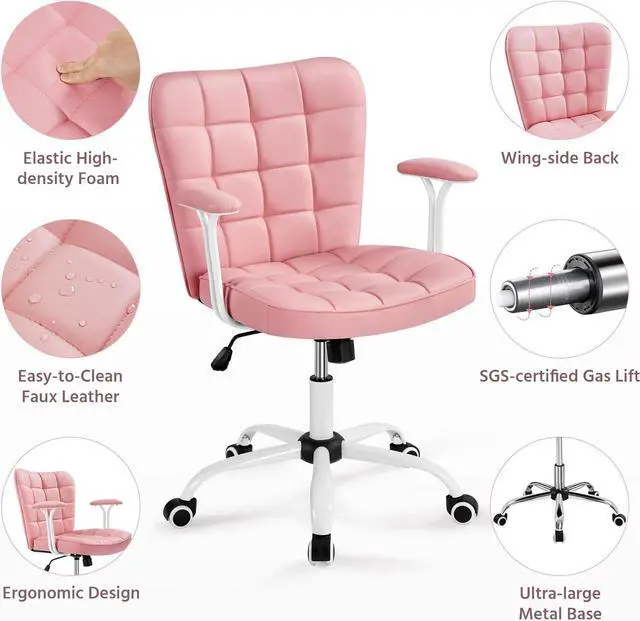 Alt view image 4 of 7 - Yaheetech Mid Back Faux Leather Office Chair Adjustable Tilting Vanity Chair Modern Upholstered Desk Chair Task Chair with Detachable Padded Armrests for Home/Office,Pink
