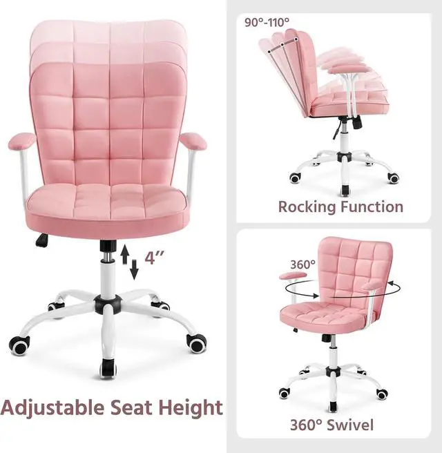Alt view image 5 of 7 - Yaheetech Mid Back Faux Leather Office Chair Adjustable Tilting Vanity Chair Modern Upholstered Desk Chair Task Chair with Detachable Padded Armrests for Home/Office,Pink