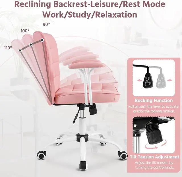 Alt view image 6 of 7 - Yaheetech Mid Back Faux Leather Office Chair Adjustable Tilting Vanity Chair Modern Upholstered Desk Chair Task Chair with Detachable Padded Armrests for Home/Office,Pink