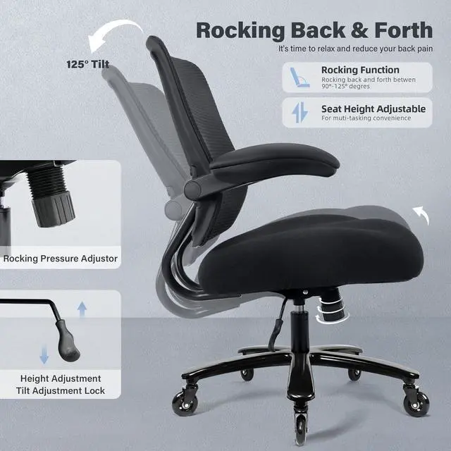 Alt view image 7 of 7 - 500lbs Big and Tall Office Chair - Heavy Duty Mesh Ergonomic Desk Chair, High Back Computer Chair - Flip-up Armrests, Wide Thick Seat Cushion, Quiet Wheels