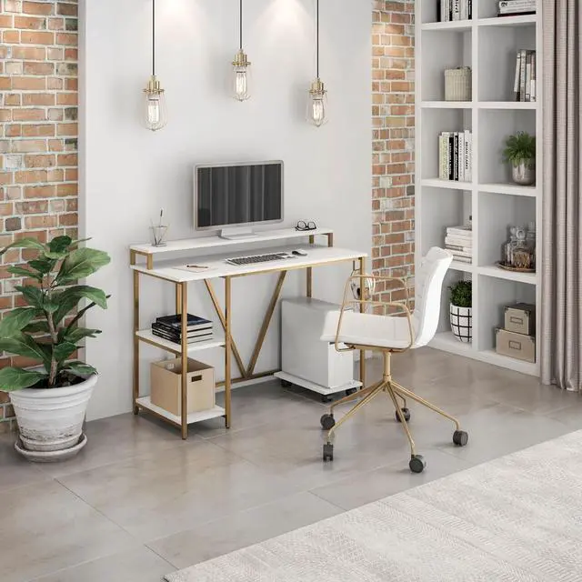 Alt view image 2 of 7 - Techni Mobili Computer Desk - Industrial Writing Desk with Storage Shelves, Monitor Stand, & Accessory Holder - Home Office Laptop Computer Table with CPU Caddy & 2-Tier Small Bookshelf Space