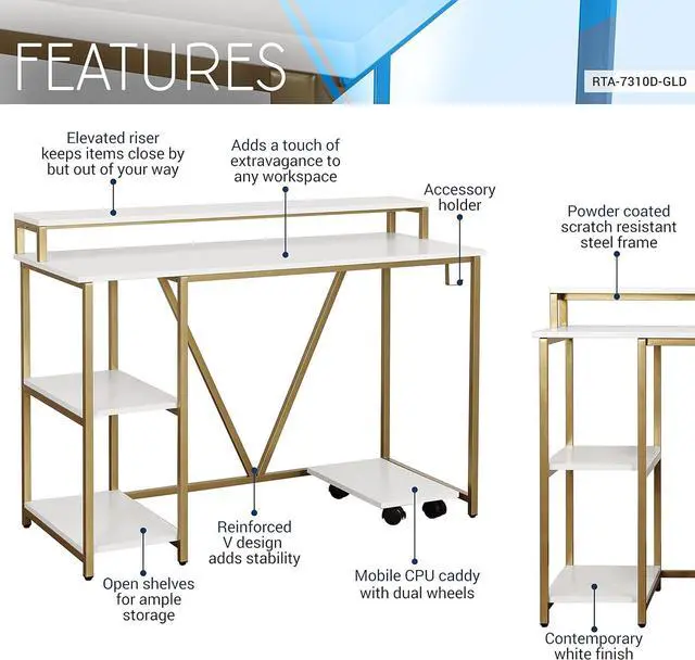 Alt view image 7 of 7 - Techni Mobili Computer Desk - Industrial Writing Desk with Storage Shelves, Monitor Stand, & Accessory Holder - Home Office Laptop Computer Table with CPU Caddy & 2-Tier Small Bookshelf Space