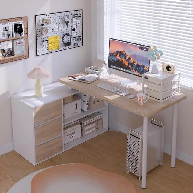 Main image of Home Office Computer Desk Corner Desk with 3 Drawers and 2 Shelves, 55-inch L-Shaped Study Writing Desk, Small White + Walnut Desk with Storage