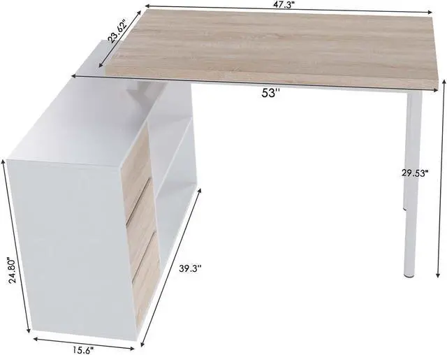 Alt view image 2 of 7 - Home Office Computer Desk Corner Desk with 3 Drawers and 2 Shelves, 55-inch L-Shaped Study Writing Desk, Small White + Walnut Desk with Storage