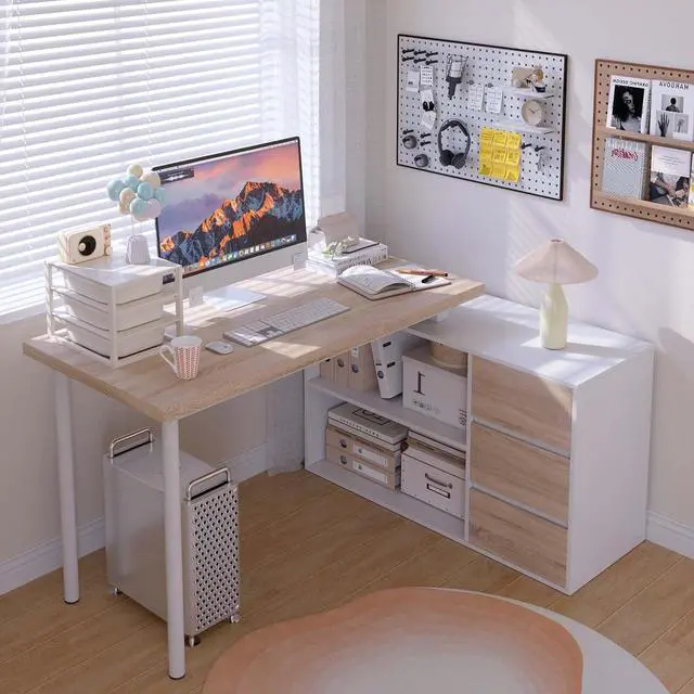 Alt view image 3 of 7 - Home Office Computer Desk Corner Desk with 3 Drawers and 2 Shelves, 55-inch L-Shaped Study Writing Desk, Small White + Walnut Desk with Storage