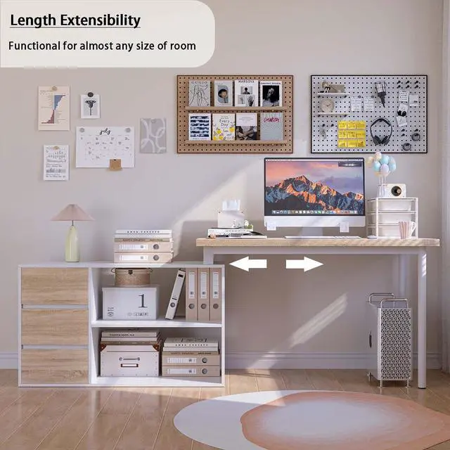 Alt view image 4 of 7 - Home Office Computer Desk Corner Desk with 3 Drawers and 2 Shelves, 55-inch L-Shaped Study Writing Desk, Small White + Walnut Desk with Storage