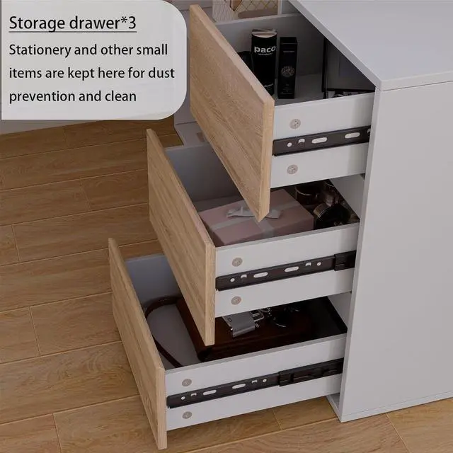 Alt view image 7 of 7 - Home Office Computer Desk Corner Desk with 3 Drawers and 2 Shelves, 55-inch L-Shaped Study Writing Desk, Small White + Walnut Desk with Storage