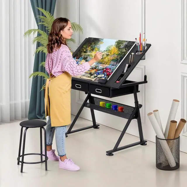 Alt view image 2 of 7 - Nova Microdermabrasion Height Adjustable Drafting Table Art Desk Drawing Table Tabletop Adjustable Art/Craft Desk with Stool and 2 Slide Drawers for Reading, Writing, Crafting, Painting Art