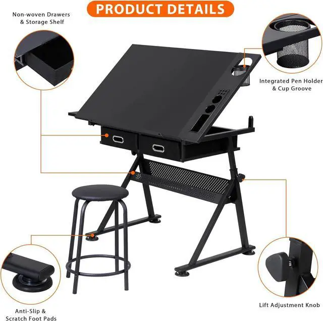 Alt view image 5 of 7 - Nova Microdermabrasion Height Adjustable Drafting Table Art Desk Drawing Table Tabletop Adjustable Art/Craft Desk with Stool and 2 Slide Drawers for Reading, Writing, Crafting, Painting Art