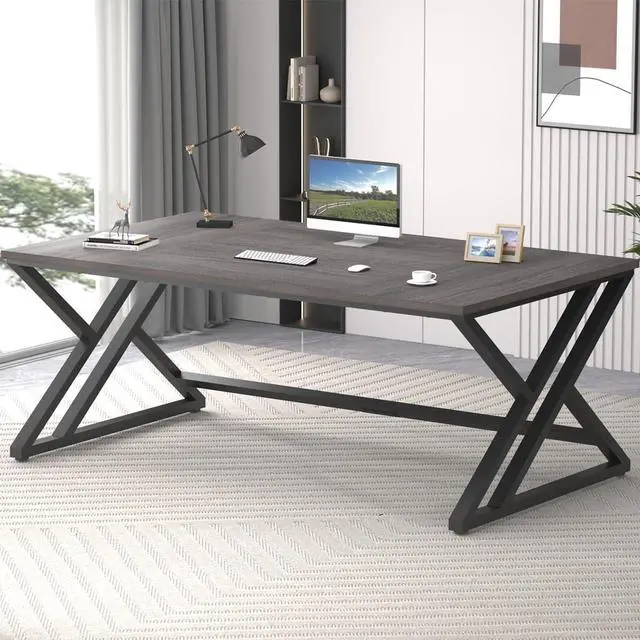 Main image of LVB Long Rustic Computer Desk, Industrial Large Wood Metal Office Desk, Modern Pc Study Gaming Writing Table for Two Person, Workstation Executive Desk for Home Bedroom Living Room, Dark Gray, 70 Inch