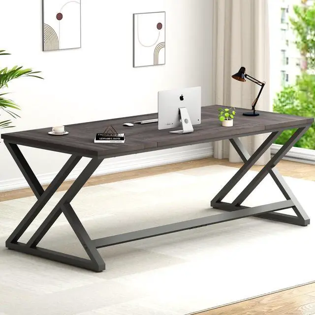 Alt view image 3 of 7 - LVB Long Rustic Computer Desk, Industrial Large Wood Metal Office Desk, Modern Pc Study Gaming Writing Table for Two Person, Workstation Executive Desk for Home Bedroom Living Room, Dark Gray, 70 Inch