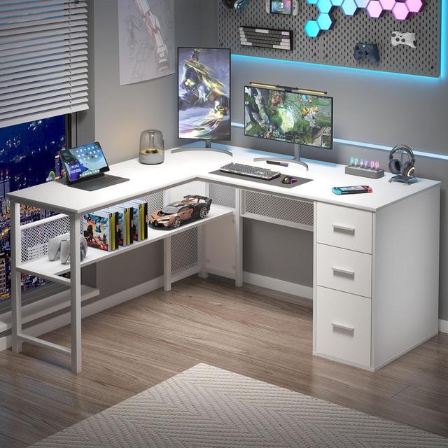 Alt view image 7 of 7 - LVB White L Shaped Corner Desk with Drawers, Reversible Modern L-Shaped Computer Desk with Storage Cabinet Shelves, Large Wood Metal L Shape Home Office Desk for Work Study Writing Gaming, 59 Inch