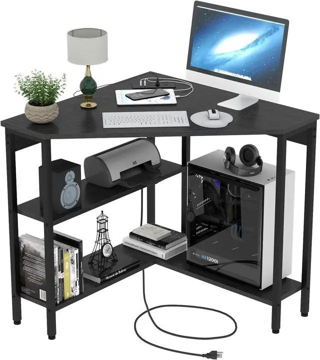 Main image of Corner Desk with Outlets & USB Ports, 90 Degree Triangle Corner Table with CPU Stand & Storage Shelves for Small Space, Computer Table with Charging Station for Home Office Bedroom (Black)