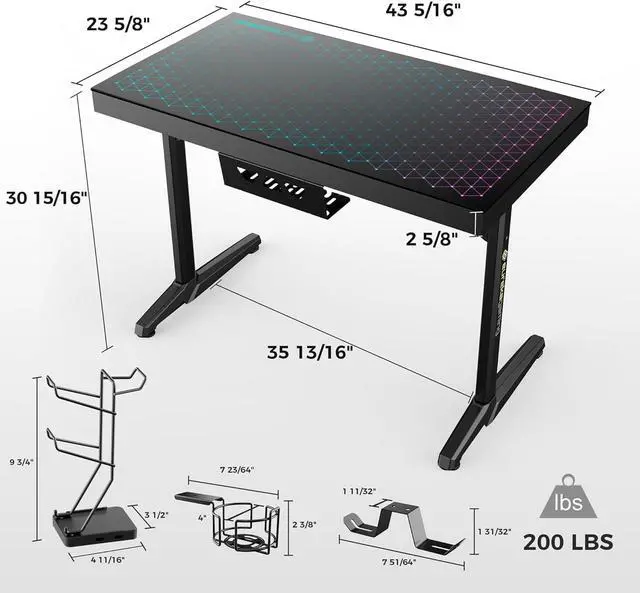Alt view image 3 of 7 - EUREKA ERGONOMIC RGB LED Gaming Desk, Music Sync Lights Up Tempered Glass Desktop, 43" GTG I43 Home Office Computer Table W Controller Rack 4 USB Charging Ports, APP Control