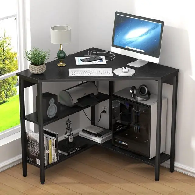 Alt view image 2 of 7 - Corner Desk with Outlets & USB Ports, 90 Degree Triangle Corner Table with CPU Stand & Storage Shelves for Small Space, Computer Table with Charging Station for Home Office Bedroom (Black)