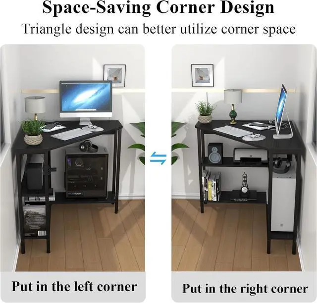 Alt view image 6 of 7 - Corner Desk with Outlets & USB Ports, 90 Degree Triangle Corner Table with CPU Stand & Storage Shelves for Small Space, Computer Table with Charging Station for Home Office Bedroom (Black)