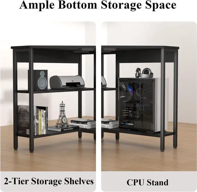 Alt view image 5 of 7 - Corner Desk with Outlets & USB Ports, 90 Degree Triangle Corner Table with CPU Stand & Storage Shelves for Small Space, Computer Table with Charging Station for Home Office Bedroom (Black)