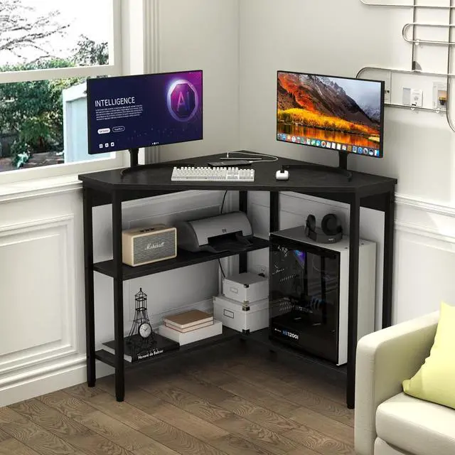 Alt view image 7 of 7 - Corner Desk with Outlets & USB Ports, 90 Degree Triangle Corner Table with CPU Stand & Storage Shelves for Small Space, Computer Table with Charging Station for Home Office Bedroom (Black)