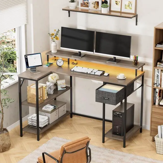 Alt view image 2 of 7 - Homall L Shaped Gaming Desk with LED Lights & Power Outlets, Reversible Computer Desk with Shelves & Drawer, 47 Corner Desk Table with Monitor Stand, Home Office Study Writing Table (Grey)